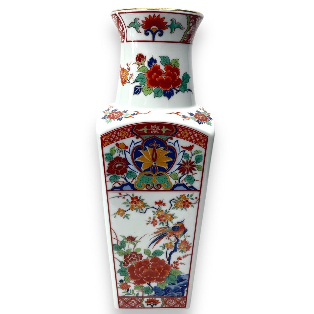 Japanese Imari Square Vase w/ Chrysanthemum & Pheasant Gold Rim 10" Tall Marked